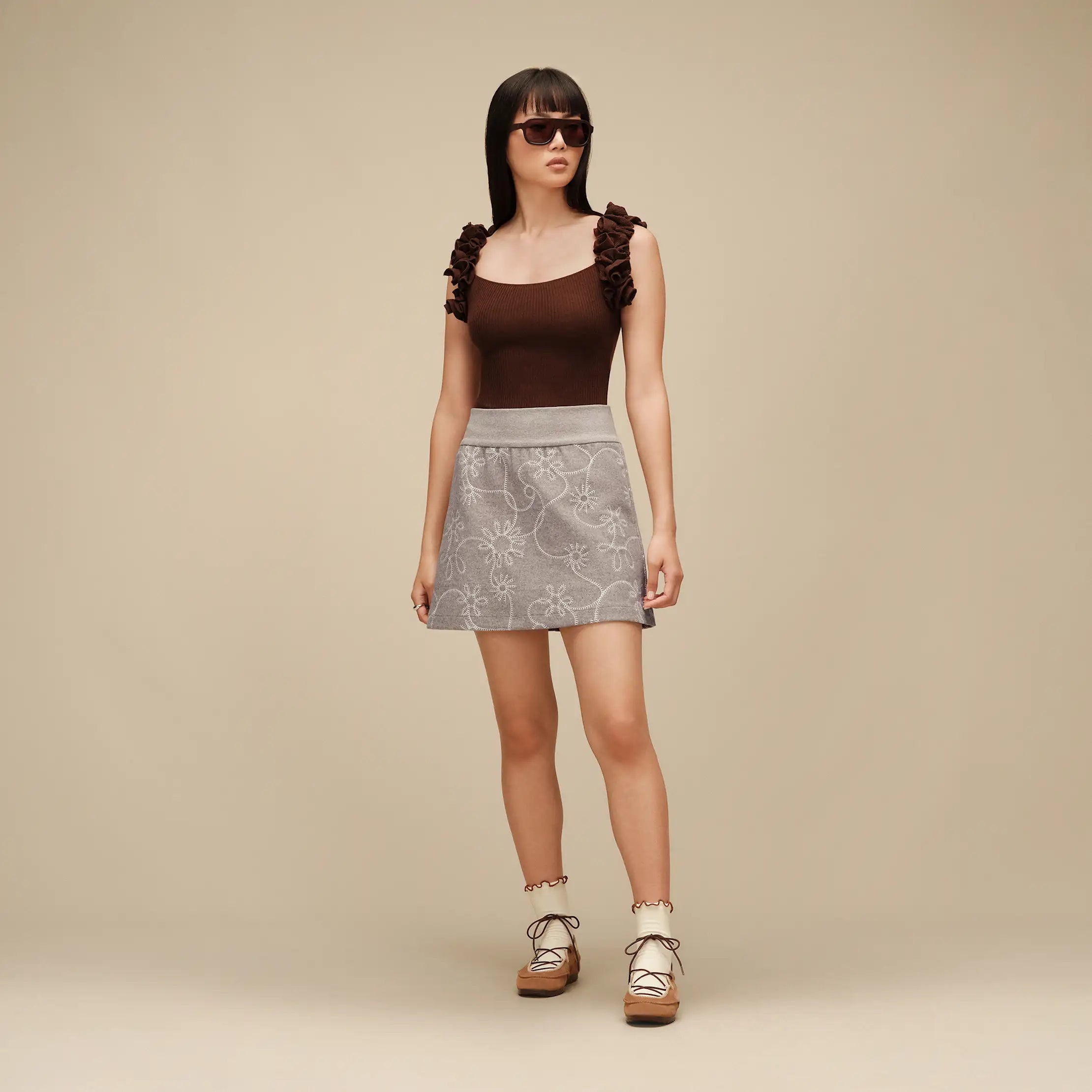 Women's Botanic Embroidered Skirt - OYSTER HEATHER