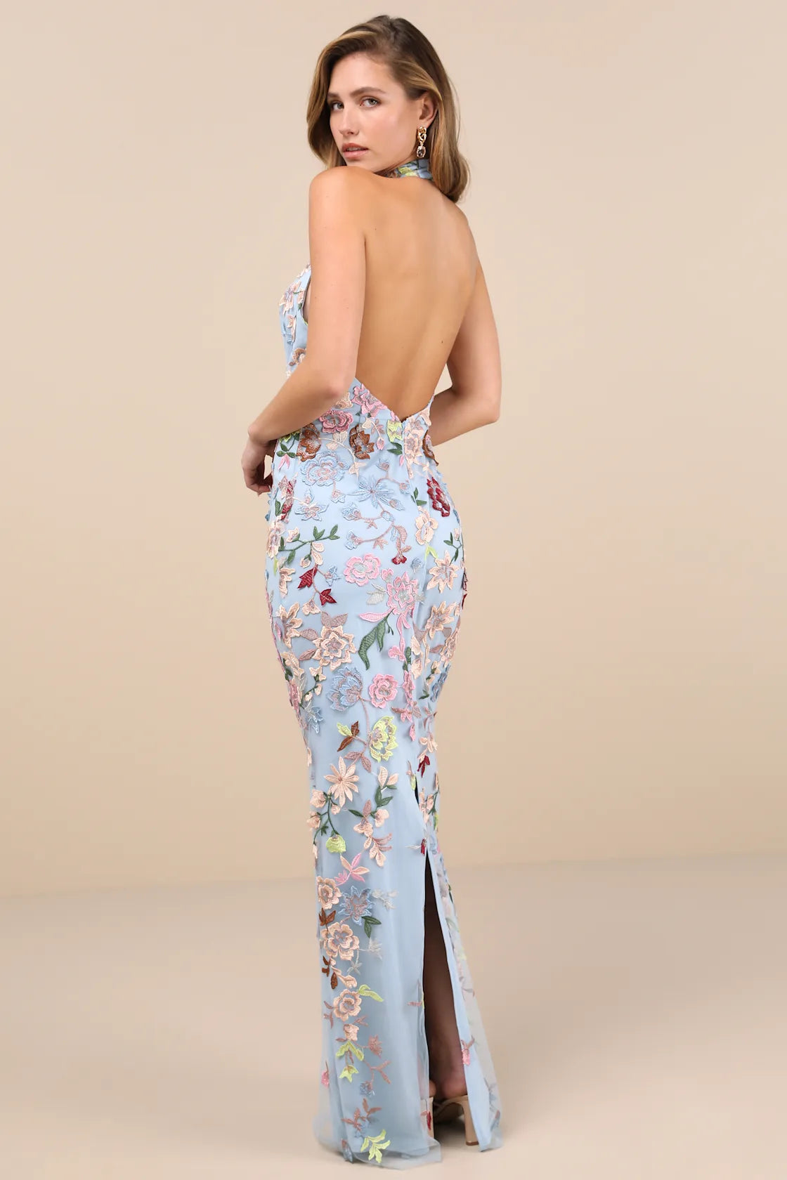 Infinite Praise Black 3D Floral Embroidered Halter Maxi Dress