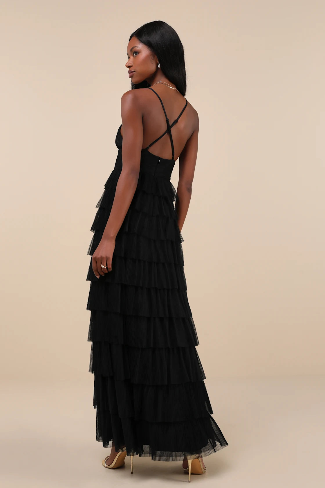 Radiant Event Lavender Mesh Tiered Ruffled Backless Maxi Dress