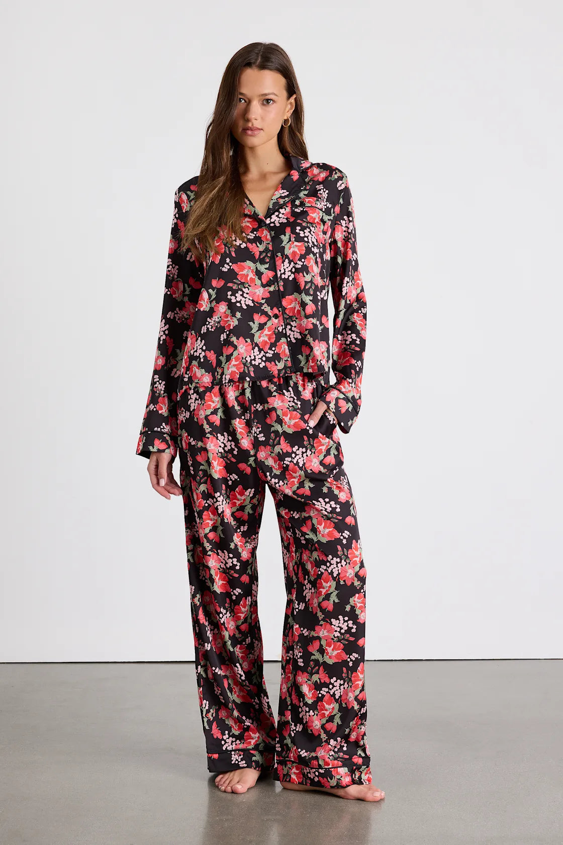 Galette Cream Multi Floral Satin Two-Piece Pajama Set