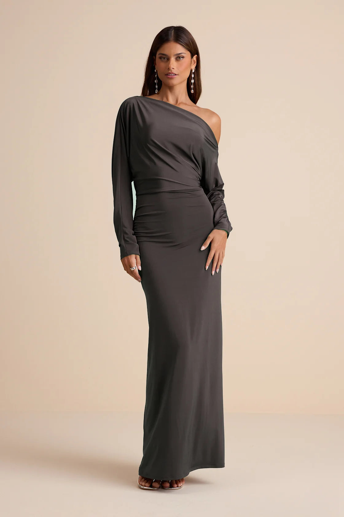 Valani Charcoal Jersey Knit Asymmetrical Long Sleeve Maxi Dress