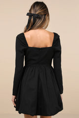 Darling Picture Black Bow Long Sleeve Bubble-Hem Mini Dress
