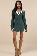 Inviting Poise Green and White Cable Knit Sweater Mini Dress