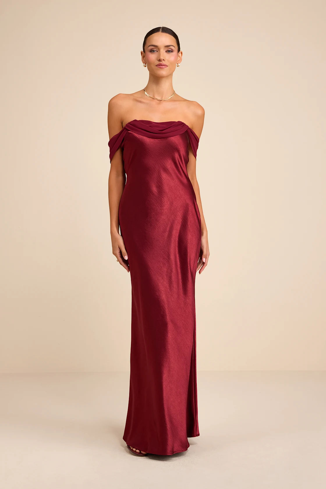 Alaida Wine Red Satin Off-the-Shoulder Maxi Dress