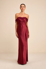 Alaida Wine Red Satin Off-the-Shoulder Maxi Dress