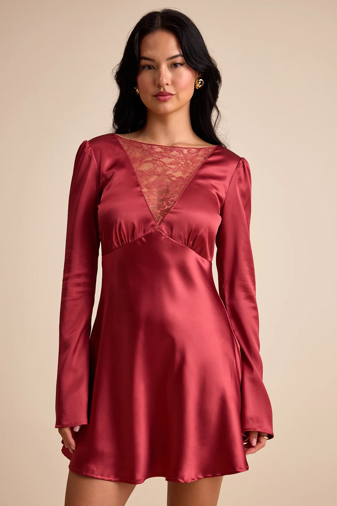 Emberlyn Rusty Rose Satin Lace Long Sleeve Mini Dress