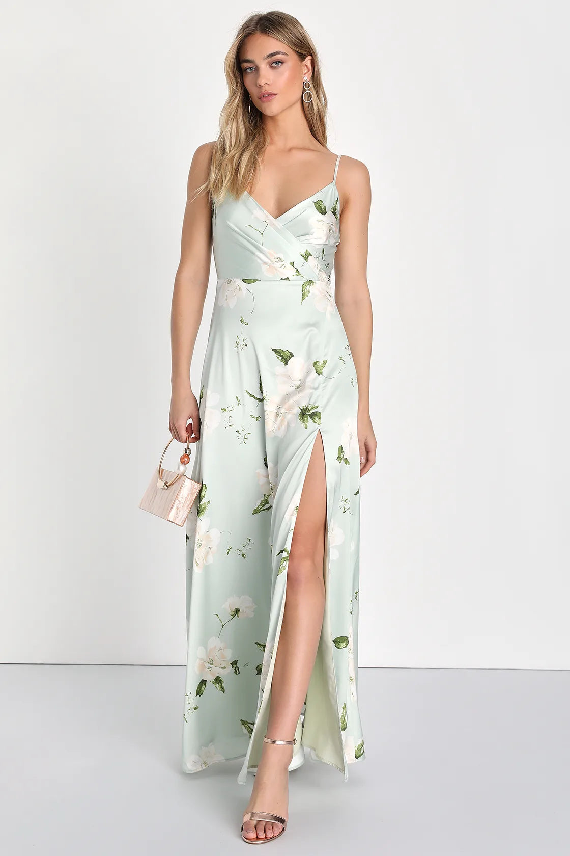 Radiant Occasion Light Green Floral Satin A-Line Maxi Dress