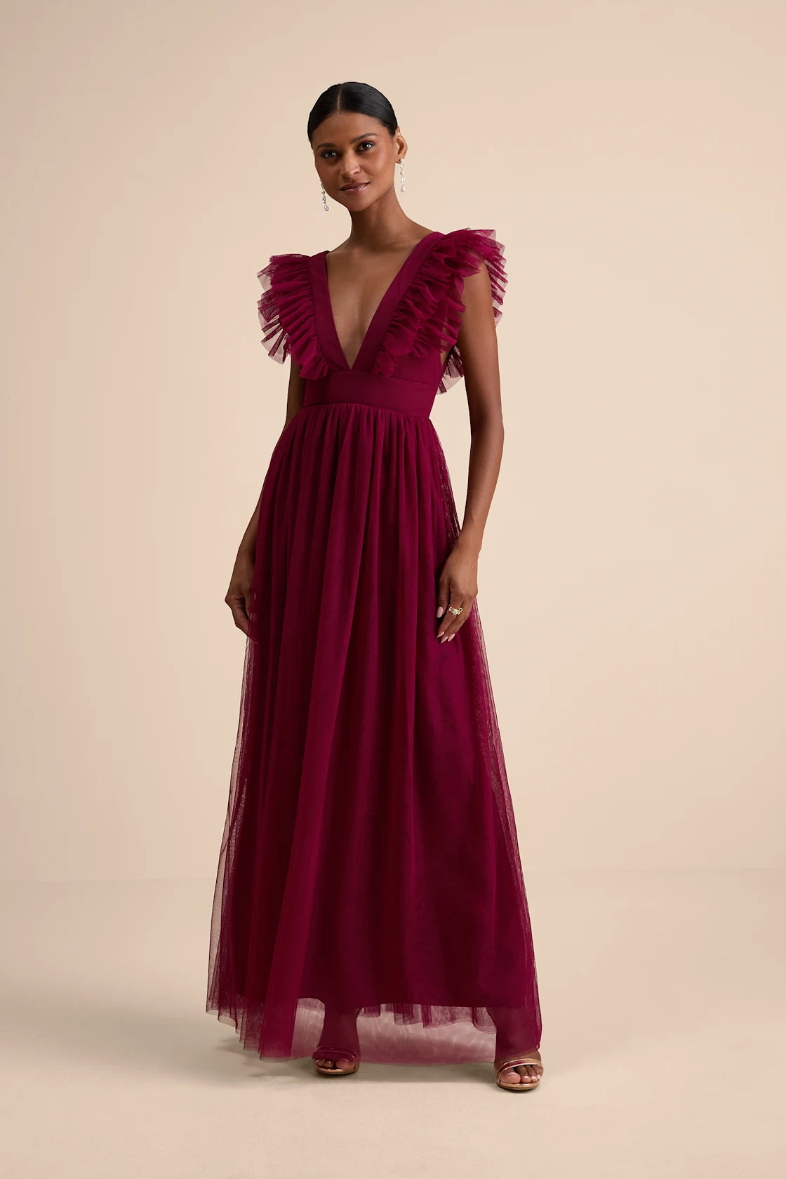 Simply Delighted Black Mesh Ruffled Backless Maxi Dress