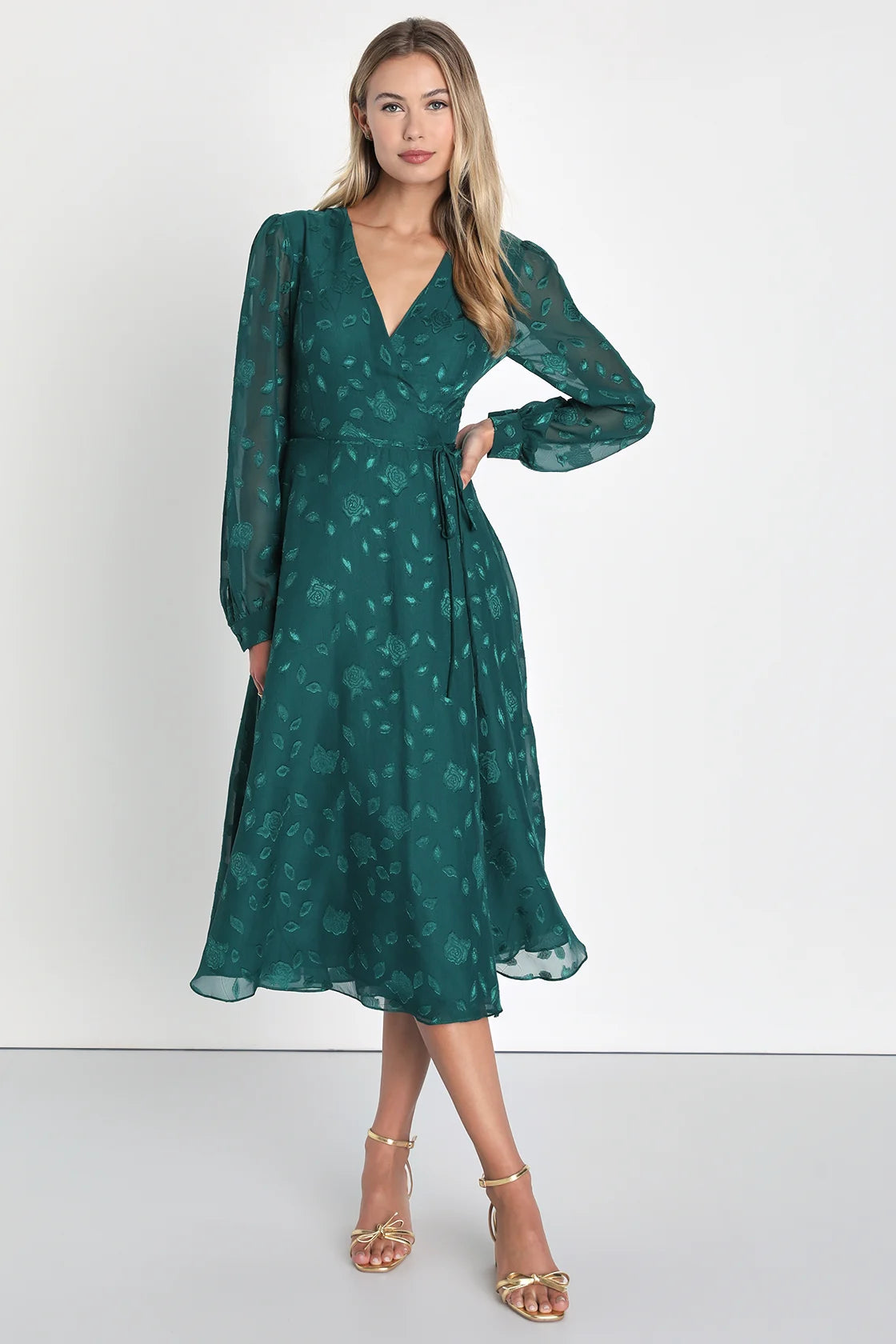 Evening of Elegance Black Floral Jacquard Wrap Midi Dress