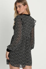 Posh Impression Black Floral Print Tie Neck Mini Dress