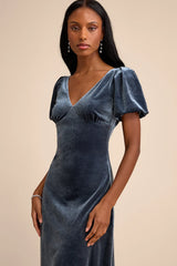 Obrissa Emerald Velvet Puff Sleeve Tie-Back Midi Dress