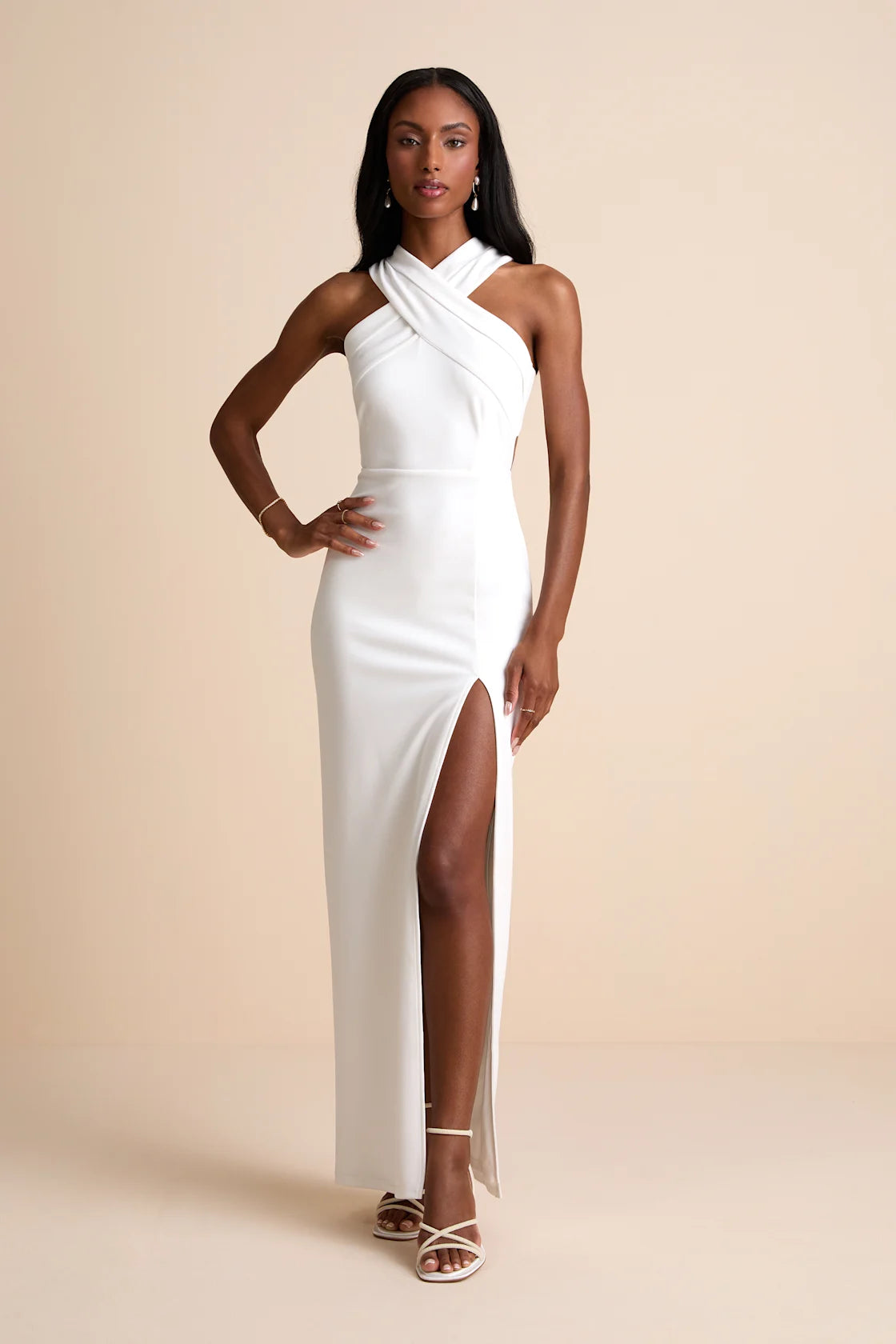 Head to Cocktail Hour White Halter Neck Maxi Dress