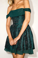Kalara Dark Green Jacquard Off-the-Shoulder Mini Dress