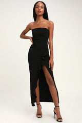 After Hours Black Strapless Ruffled Maxi Dress