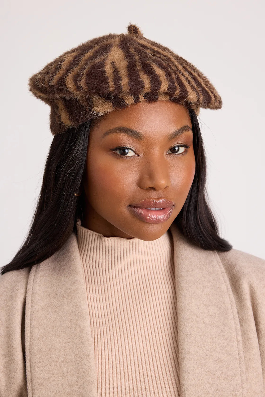 Dashwood Brown Animal Print Fuzzy Knit Beret