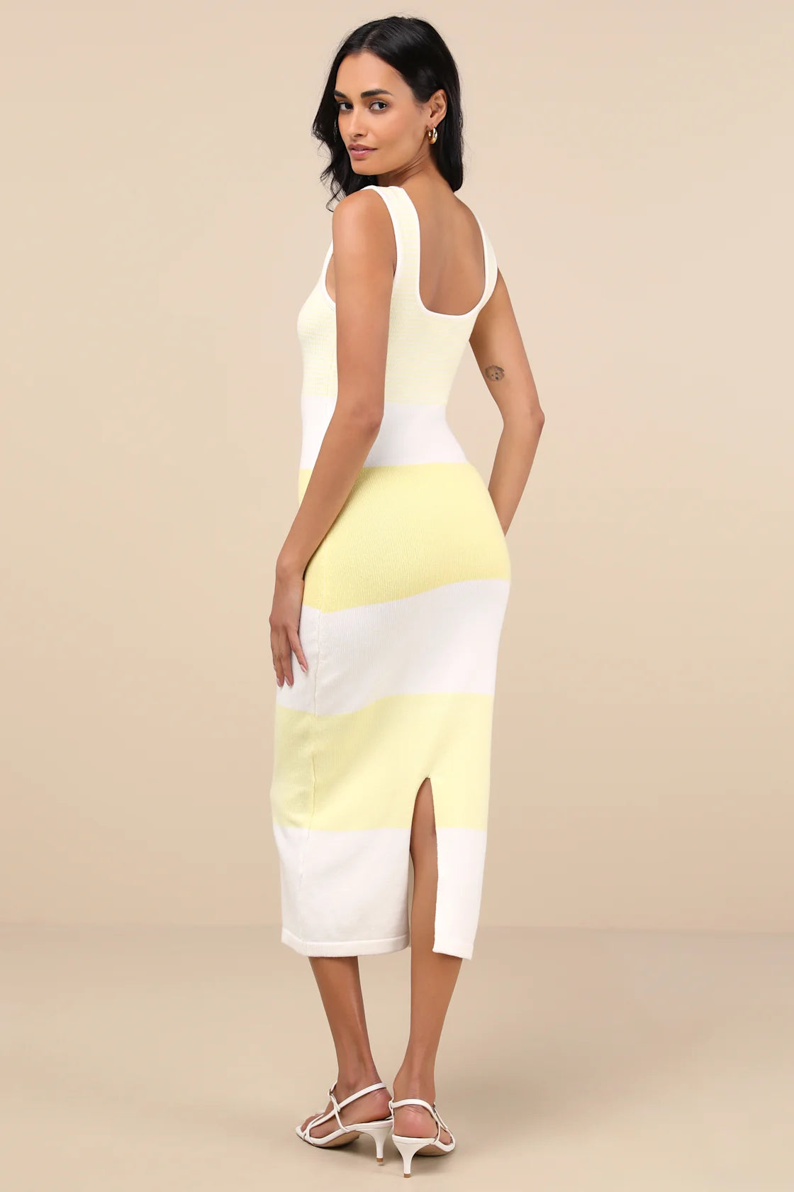 Easily Gorgeous Ivory and Yellow Striped Midi Sweater Dress