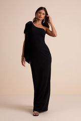 Amarila Burgundy One-Shoulder Velvet Bow Maxi Dress