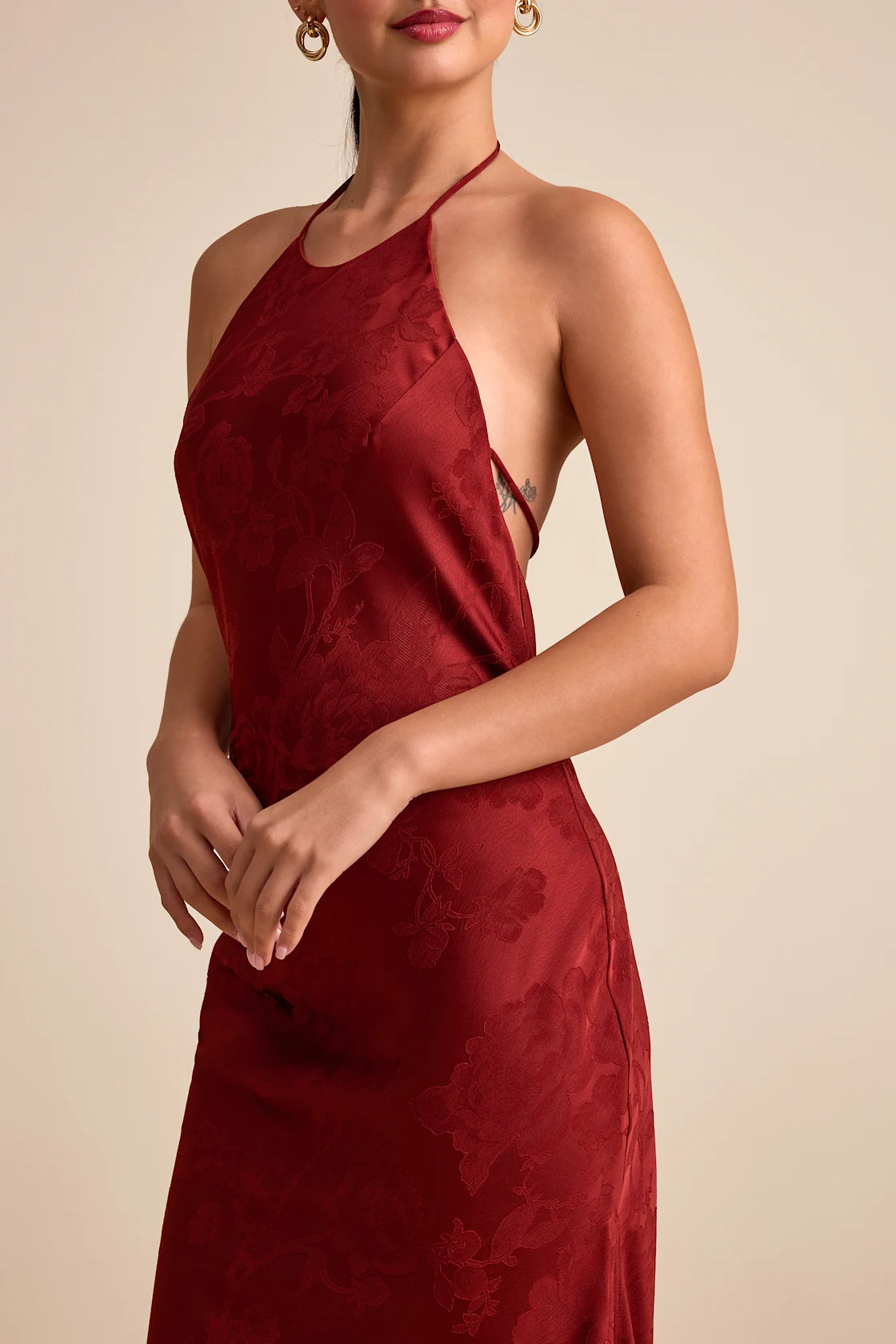 Ayura Rust Red Satin Jacquard Tie-Back Halter Maxi Dress