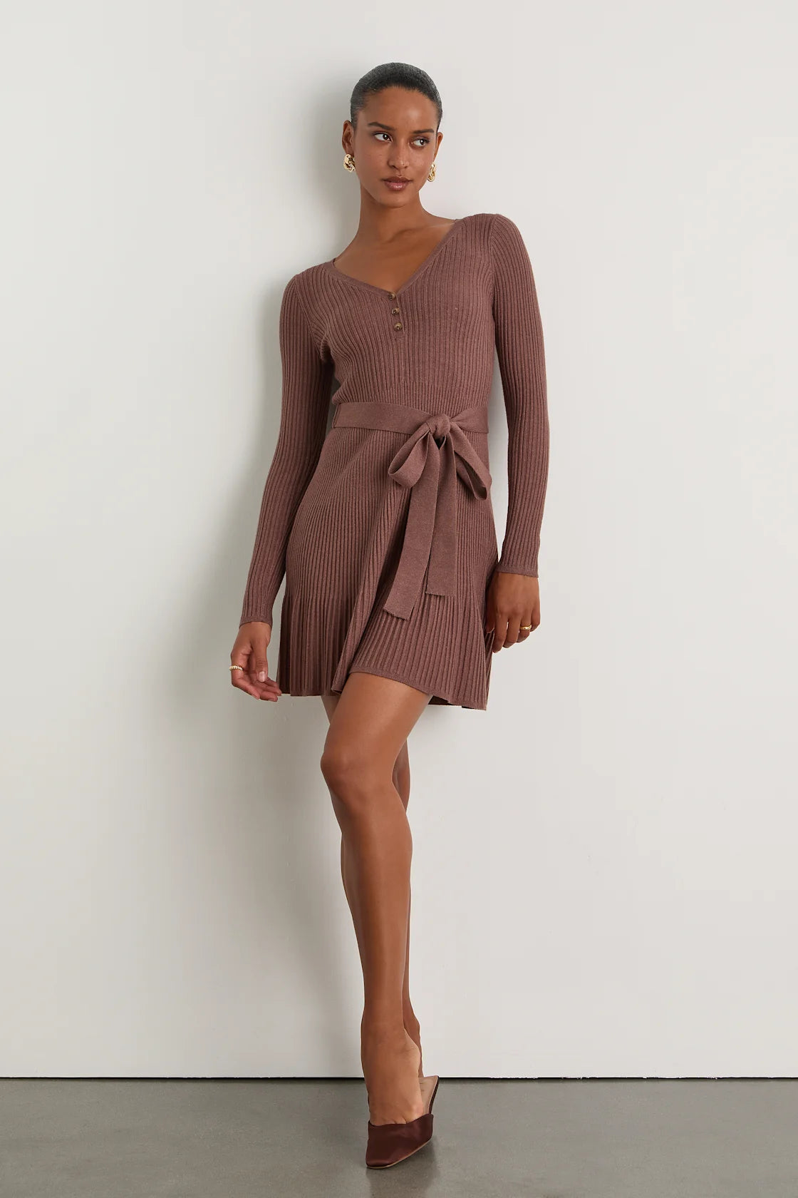 Cozy Poise Beige Henley Long Sleeve Mini Sweater Dress