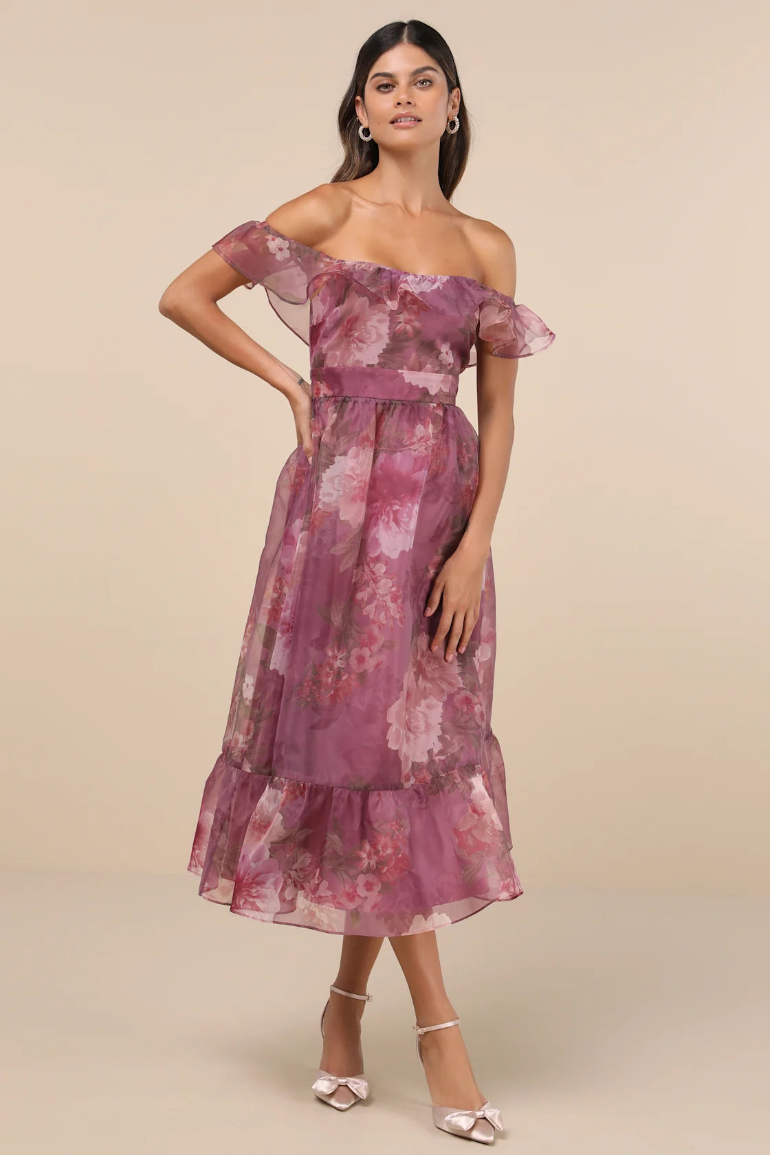 Sweet Composure Plum Floral Organza Off-the-Shoulder Midi Dress