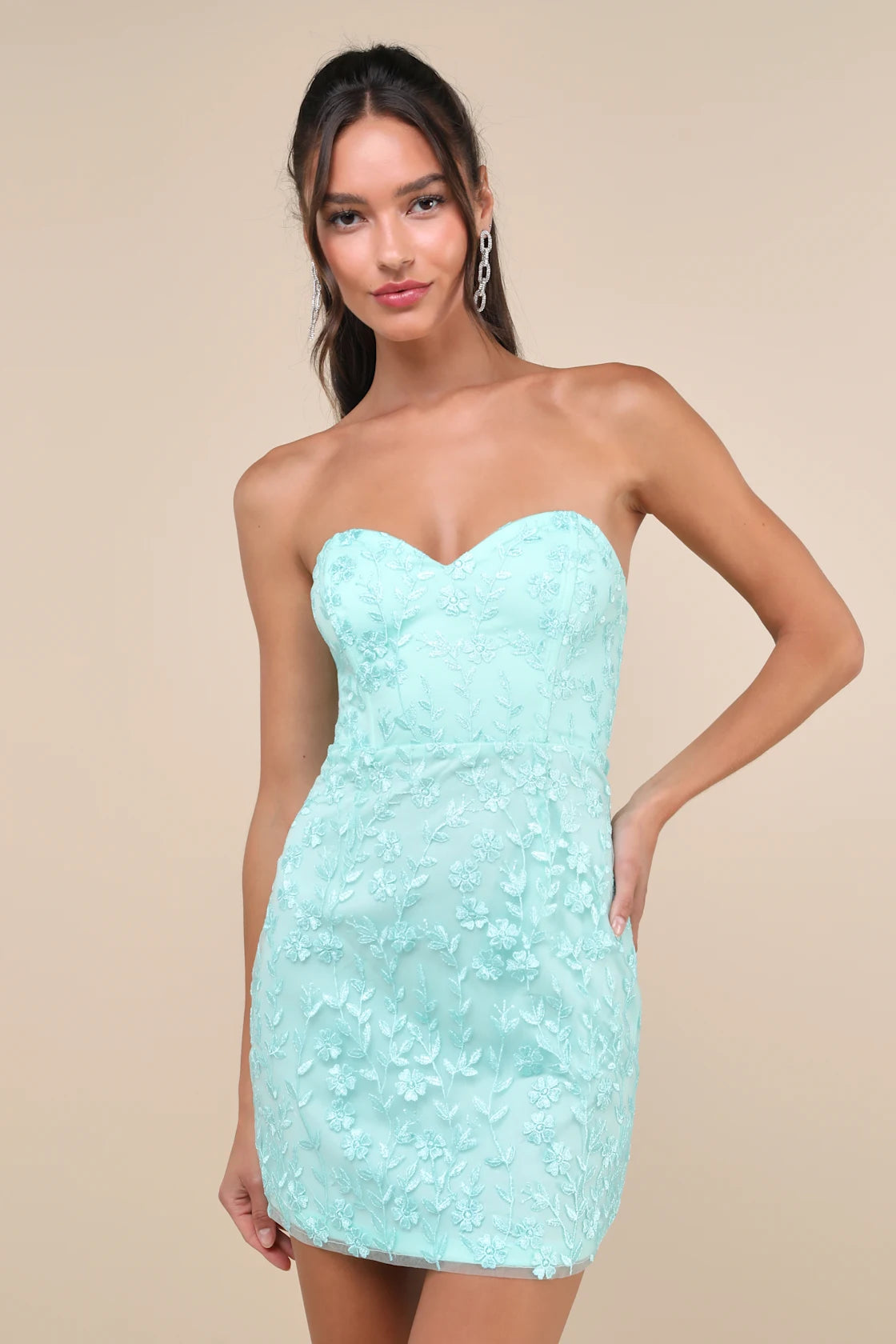 Exquisite Sensation Red Floral Embroidered Strapless Mini Dress