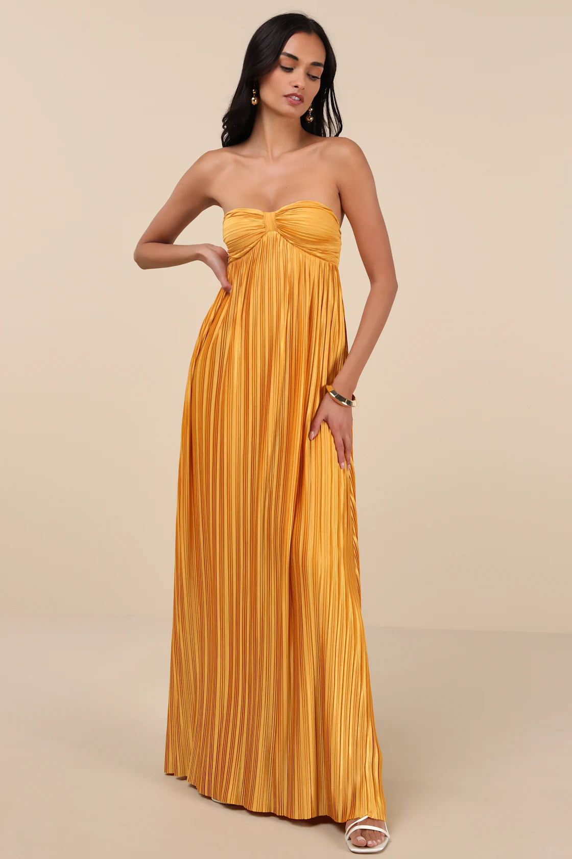 Whimsical Beauty Emerald Green Satin Plisse Strapless Maxi Dress