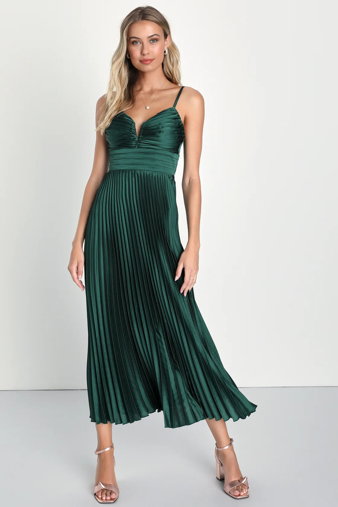 Fabulous Perfection Navy Blue Satin Pleated Midi Dress