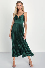 Fabulous Perfection Navy Blue Satin Pleated Midi Dress