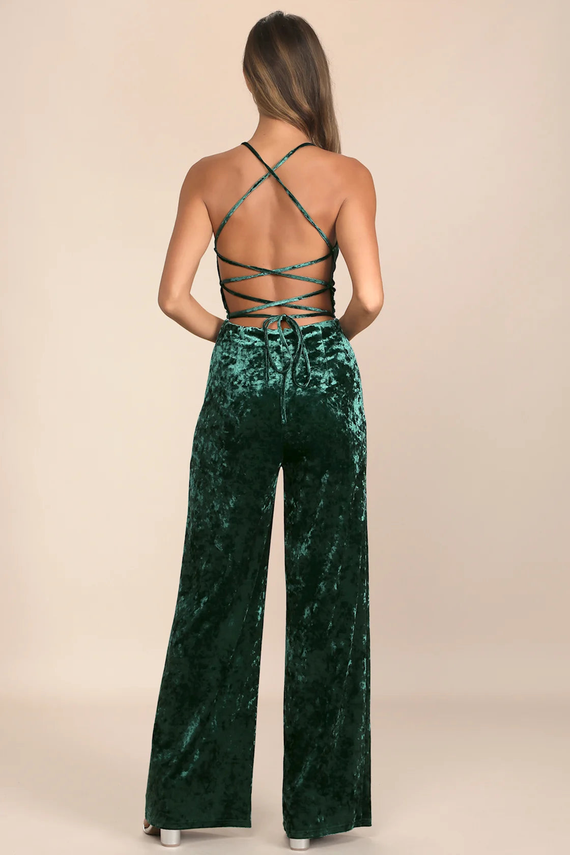 Dreams of Disco Emerald Green Velvet Lace-Up Jumpsuit