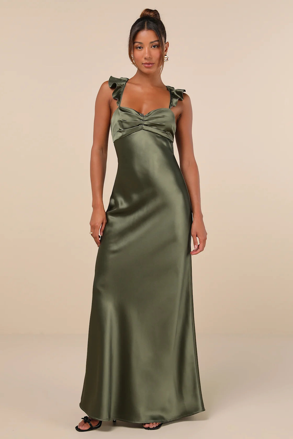 Exuberant Luxury Rust Satin Ruffled Lace-Up Maxi Dress