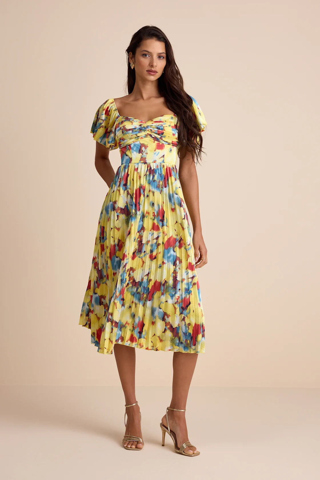 Authentically Yours Yellow Multi Abstract Print Satin Midi Dress