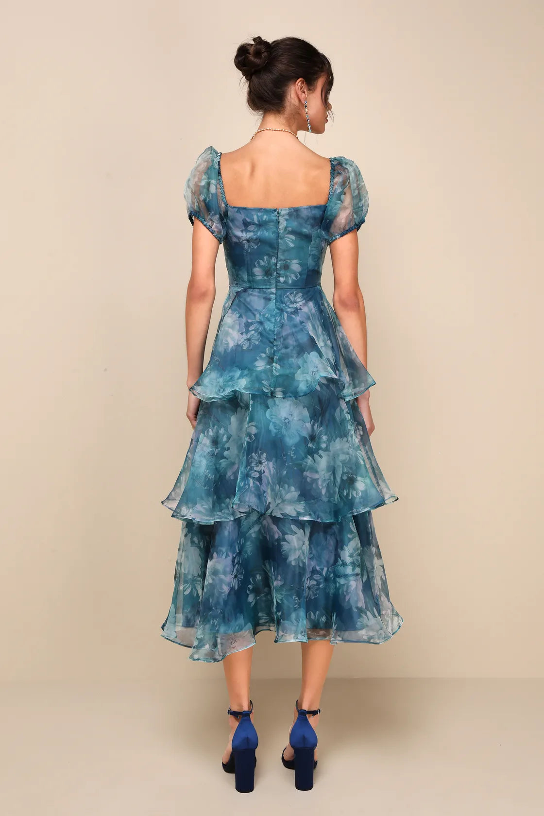 Darling Vision Teal Floral Organza Puff Sleeve Tiered Midi Dress