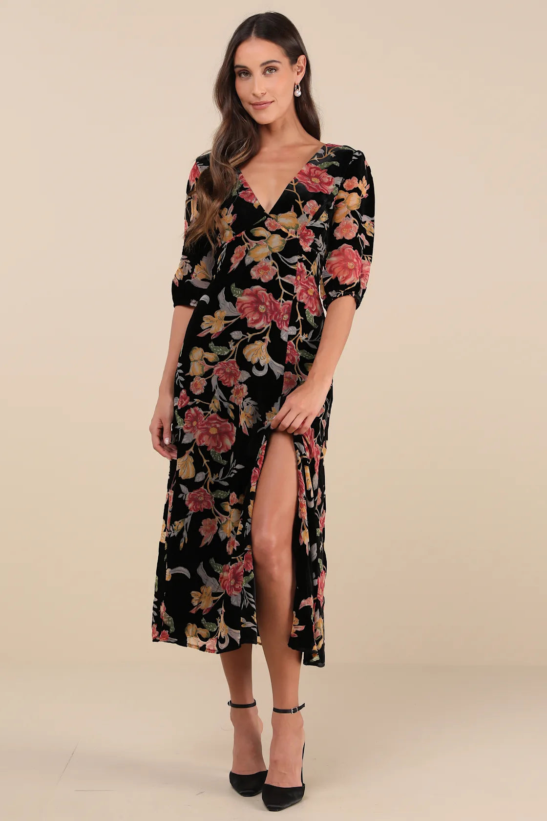 Gloriously Chic Black Floral Burnout Short Sleeve Midi Dress
