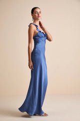 Angela Blue Satin Ruffed Slip Maxi Dress