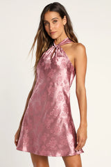 Got the Key Rust Satin Floral Jacquard Halter Mini Dress