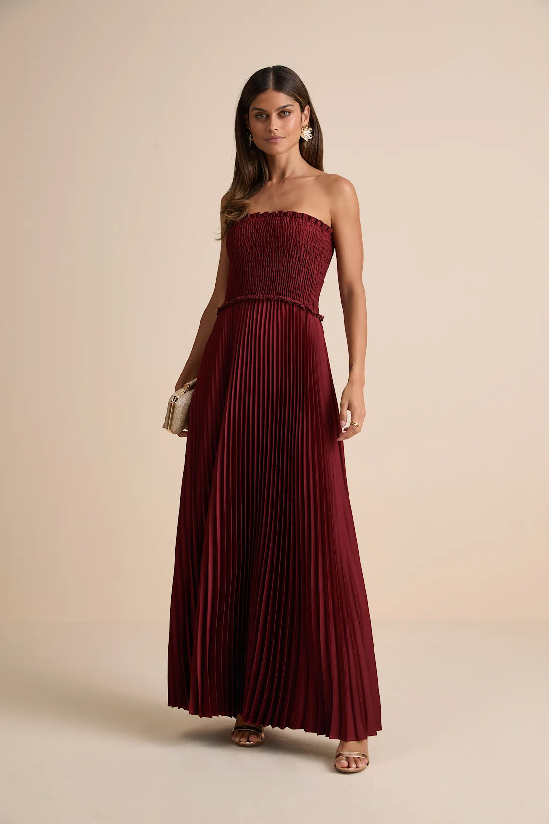 Damira Rust Satin Pleated Strapless Maxi Dress