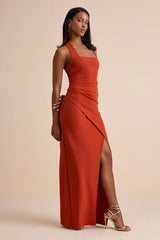 Abriana Rust Orange Pleated Halter Maxi Dress