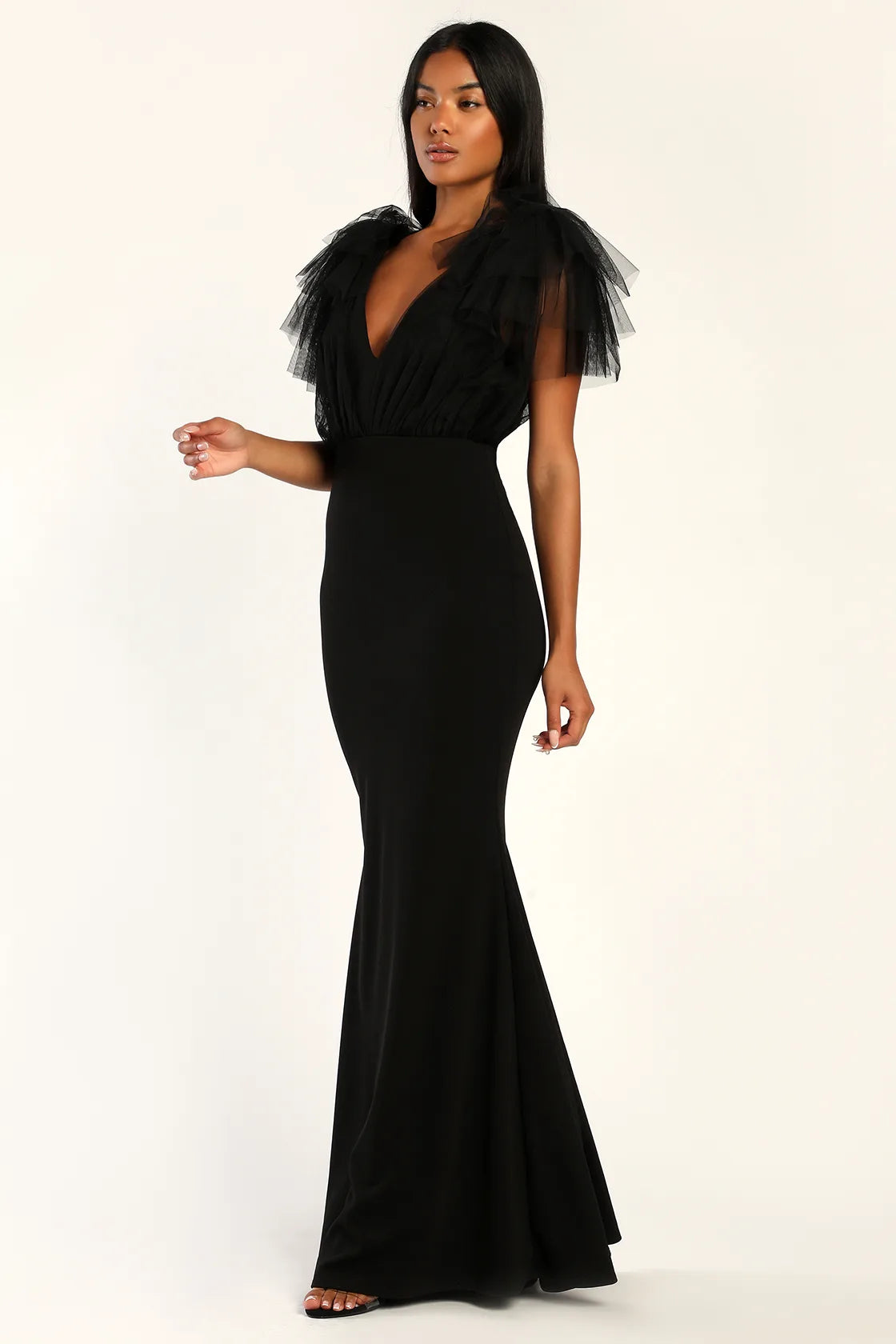 Fabulous Fun Black Tulle Flutter Sleeve Mermaid Maxi Dress