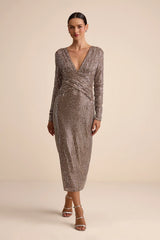 Helena Brown and Silver Sequin Long Sleeve Midi Dress
