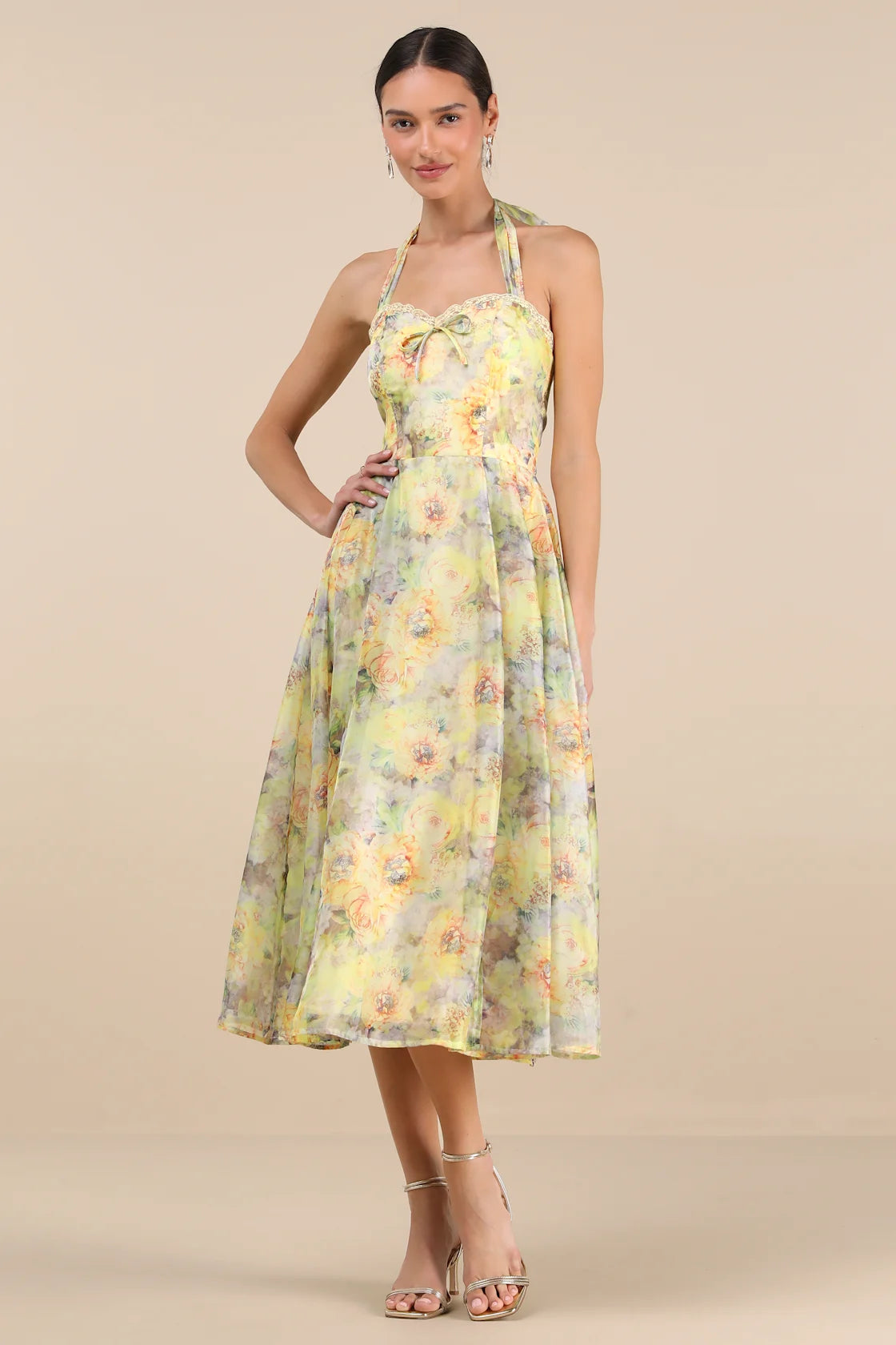 Galia Yellow Multi Floral Halter Midi Dress