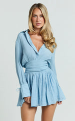 Valerie Mini Dress - Collared Long Sleeve Corset Waist Shirt Dress in Pale Blue