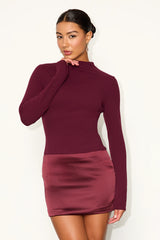 Azmina Wine Red Mixed Media Long Sleeve Bodycon Mini Dress