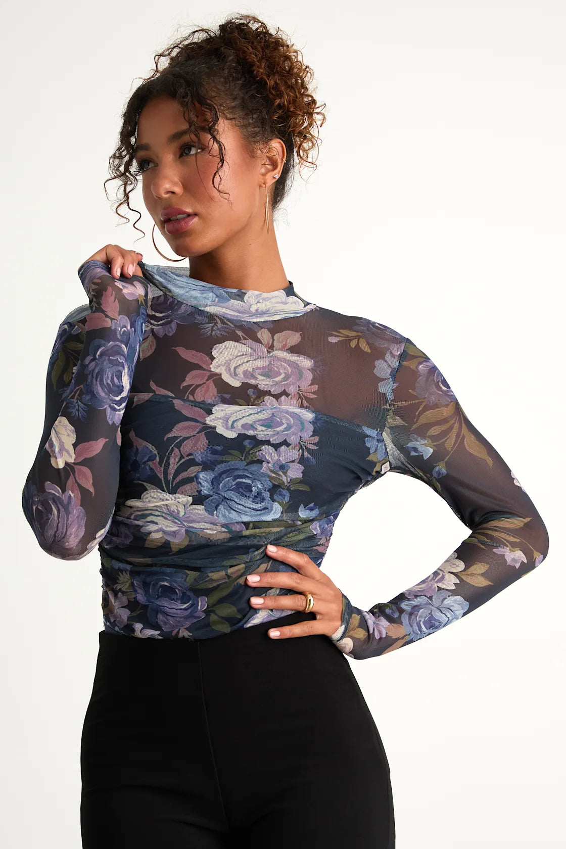 Clearly Alluring Black Mesh Long Sleeve Mock Neck Bodysuit