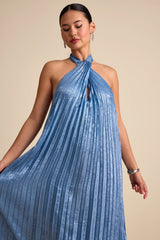 Gelsey Dusty Blue Pleated Halter Shift Maxi Dress