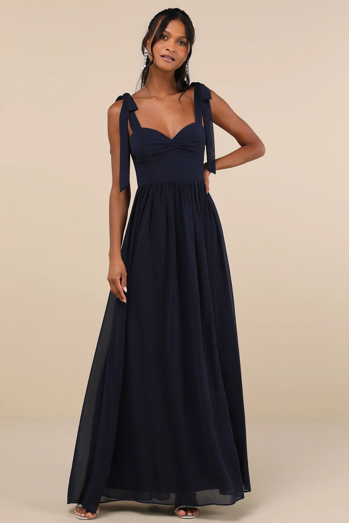 Radiant Charisma Plum Chiffon Ruched Tie-Strap Maxi Dress