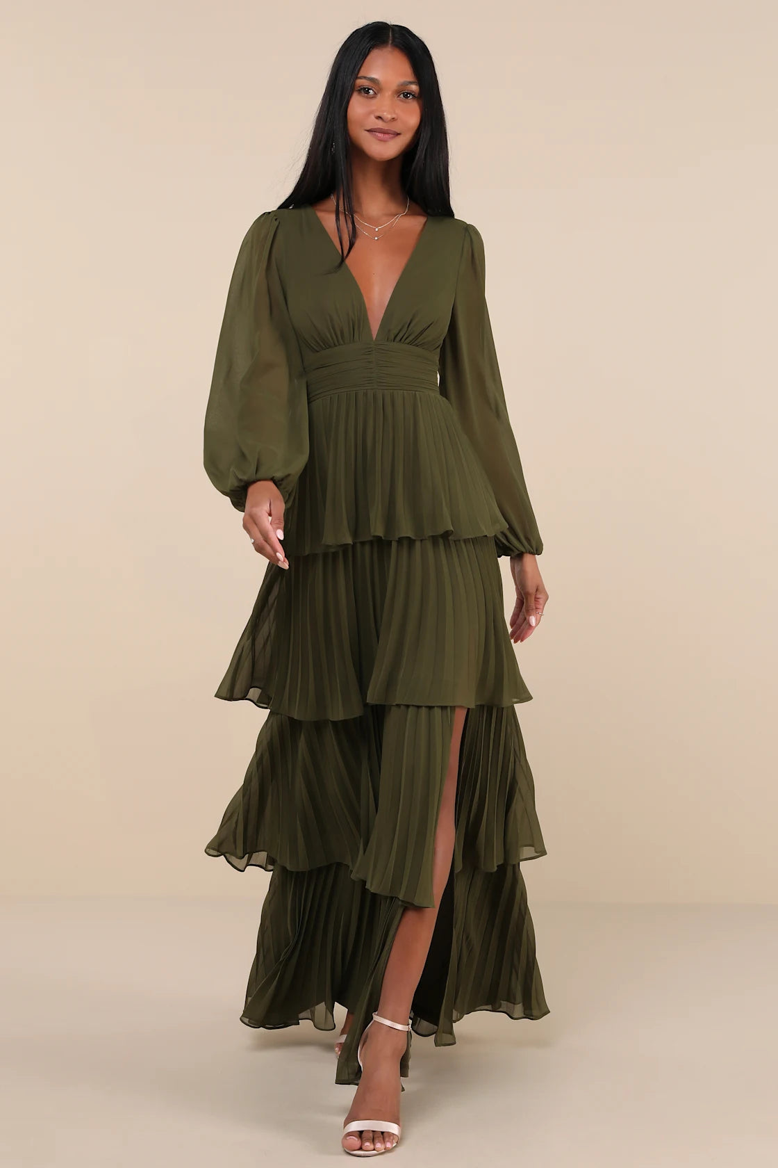 Graceful Finesse Navy Blue Pleated Long Sleeve Maxi Dress