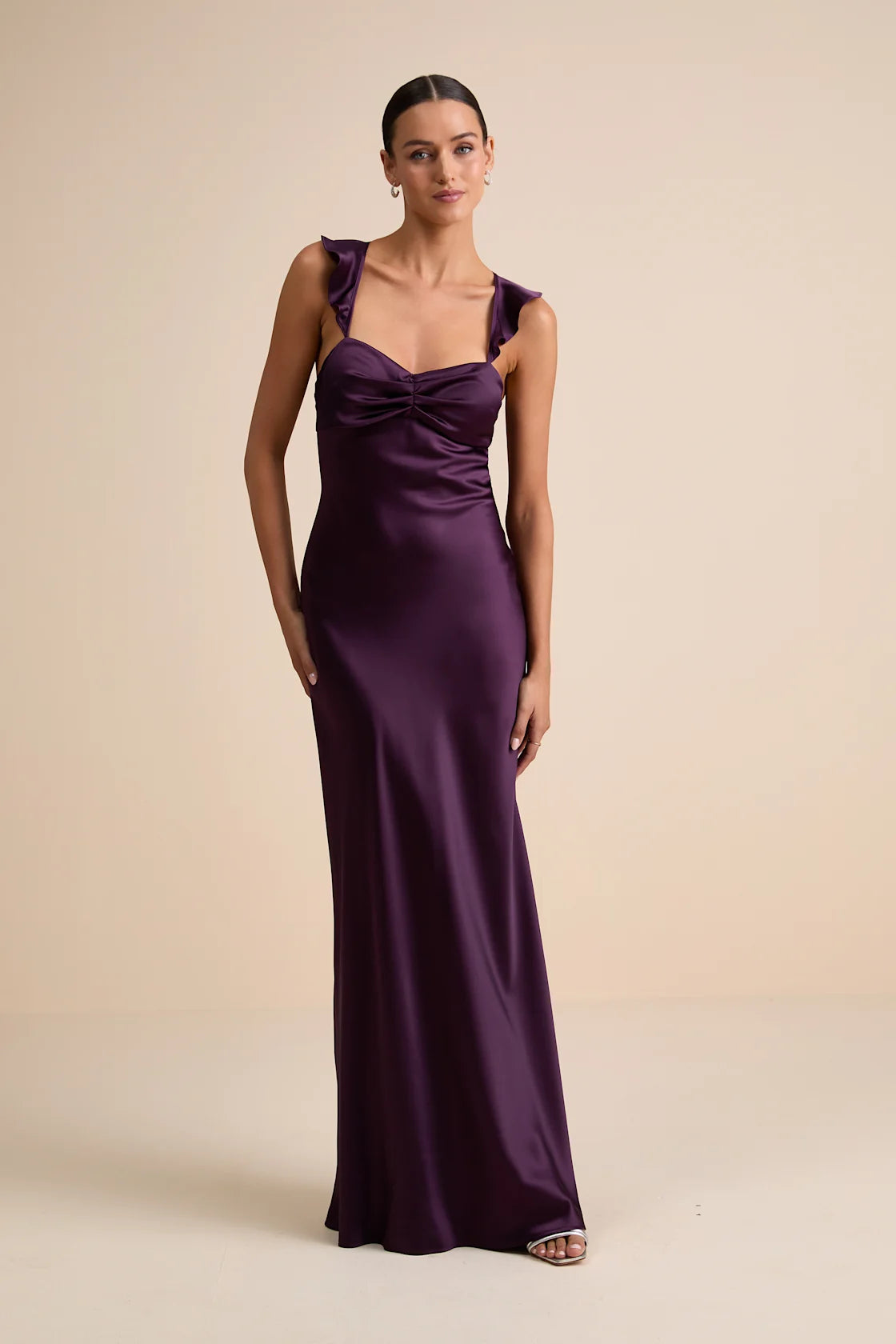 Exuberant Luxury Rust Satin Ruffled Lace-Up Maxi Dress
