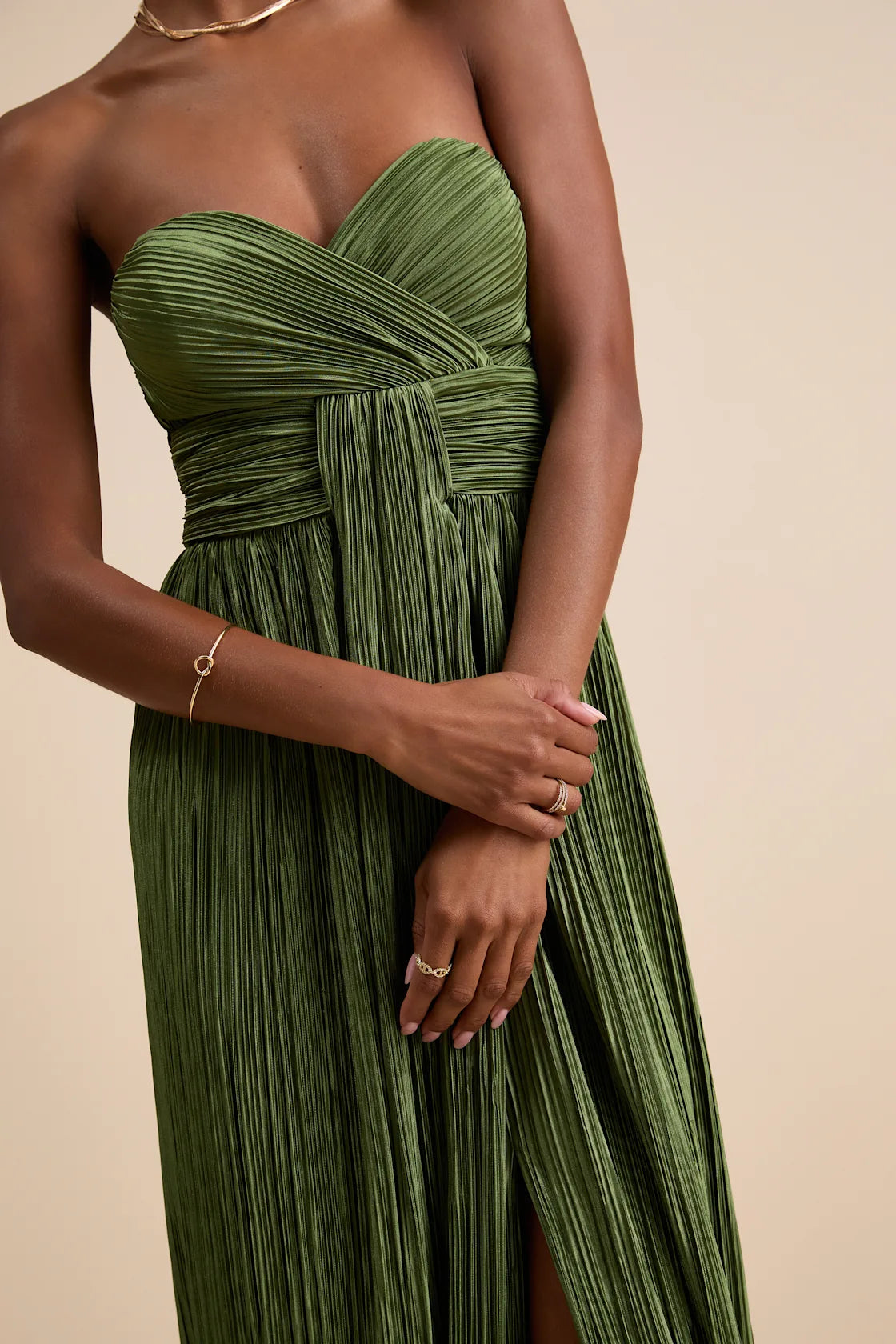 Oswin Navy Satin Plisse Strapless Maxi Dress