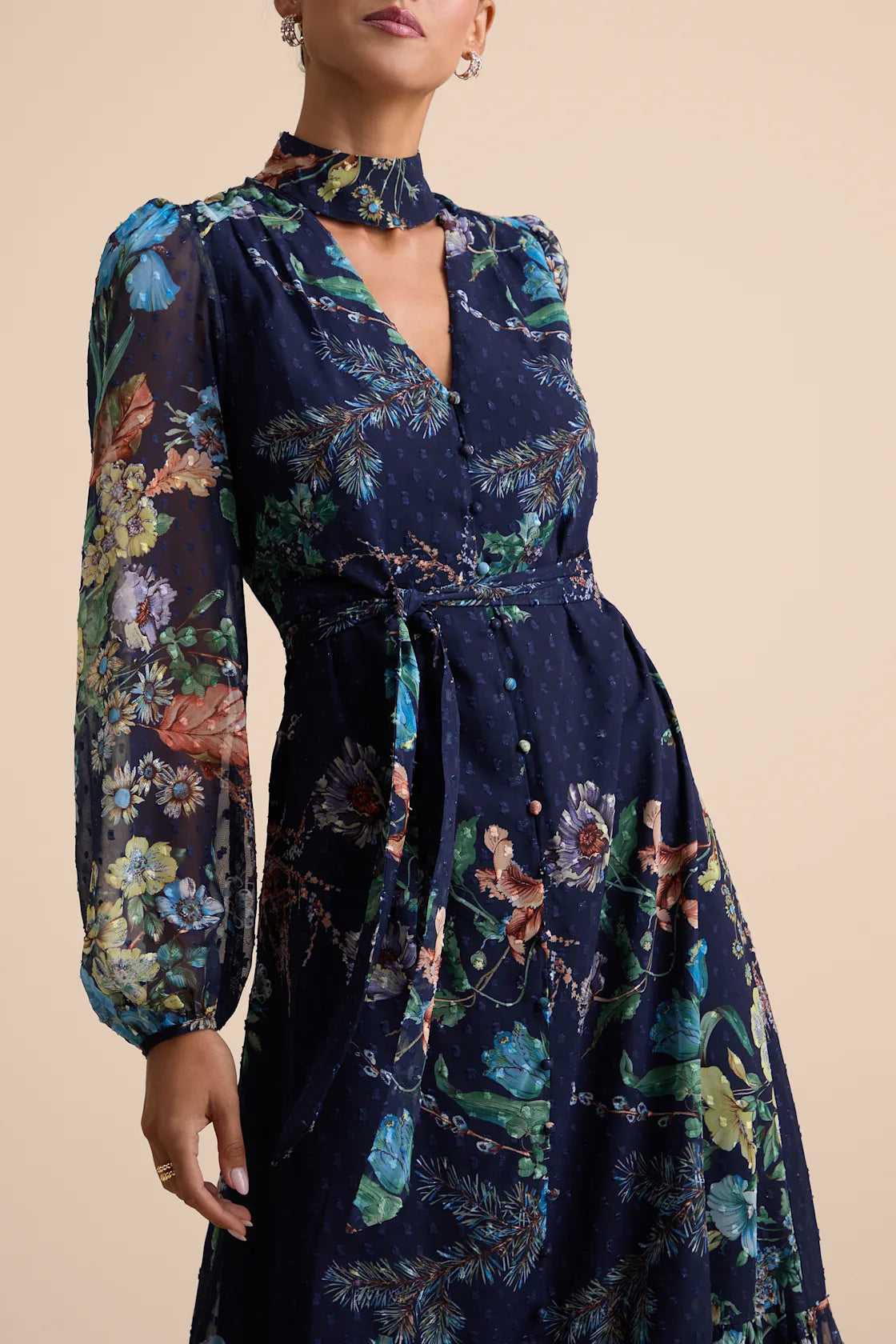 Fallyn Navy Floral Swiss Dot Long Sleeve Midi Dress