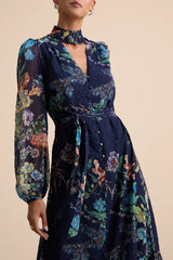 Fallyn Navy Floral Swiss Dot Long Sleeve Midi Dress